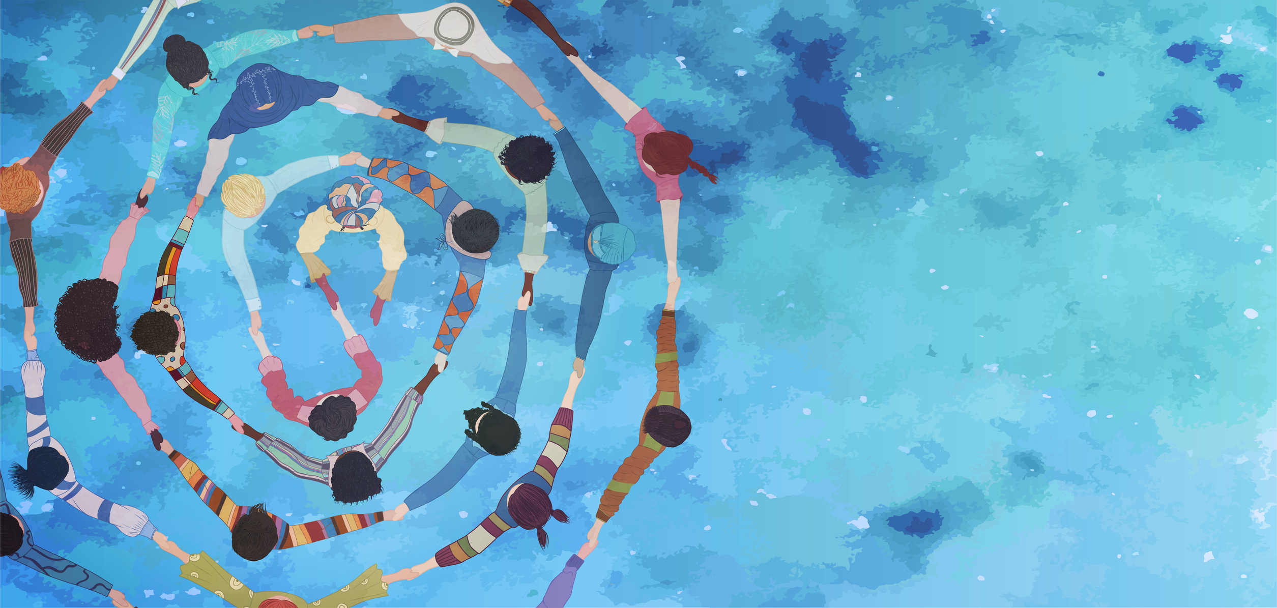 Art of people holding hands in a circle with watercolor background.